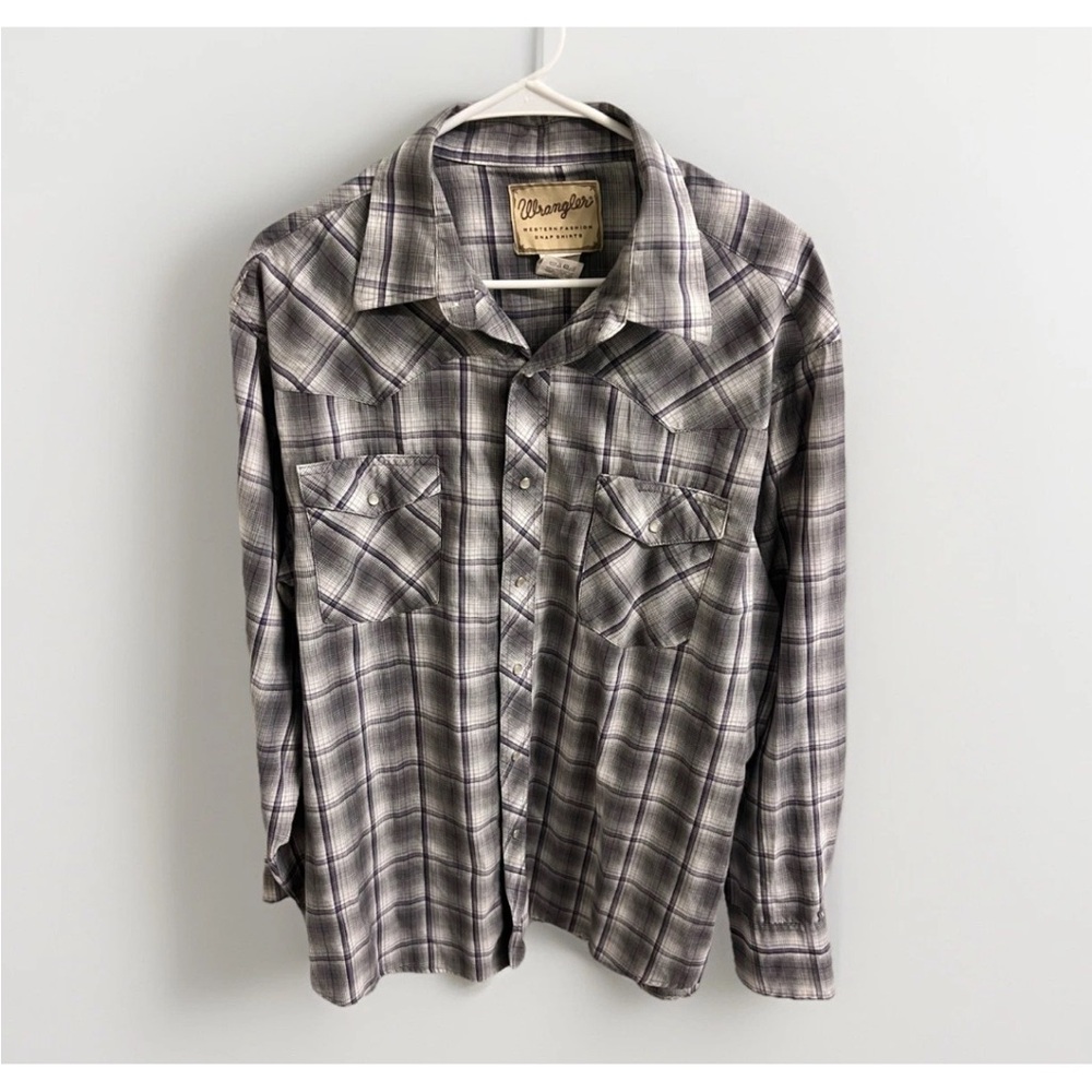 Wrangler Western Fashion Pearl Snap Plaid Men's Shirt, EUC, XL-gray blue
